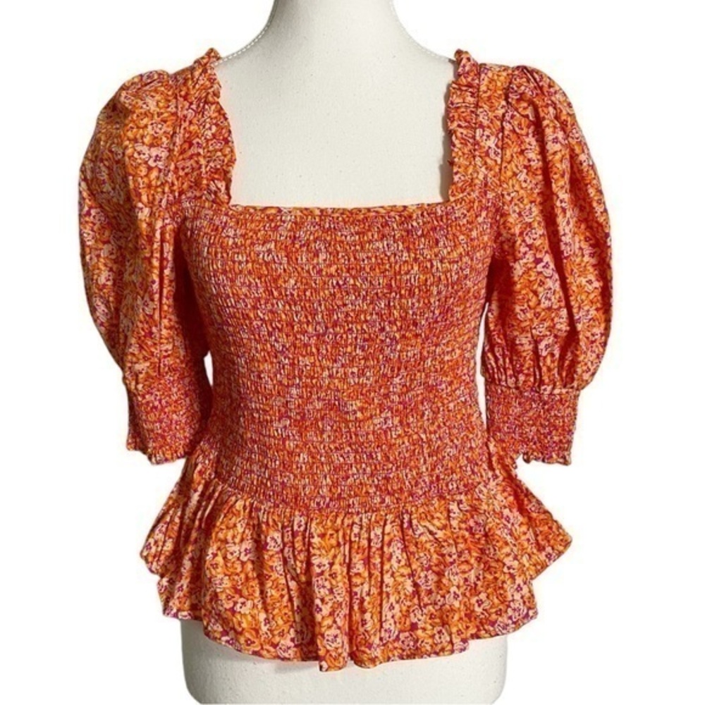 CeCe Orange Floral Puffed Sleeve Cropped Top